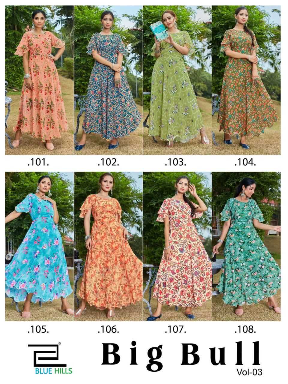 Blue Hills Big Bull 3 Ethnic Wear Fancy Designer Chiffon Digital Print  Anarkali Kurti Collection
